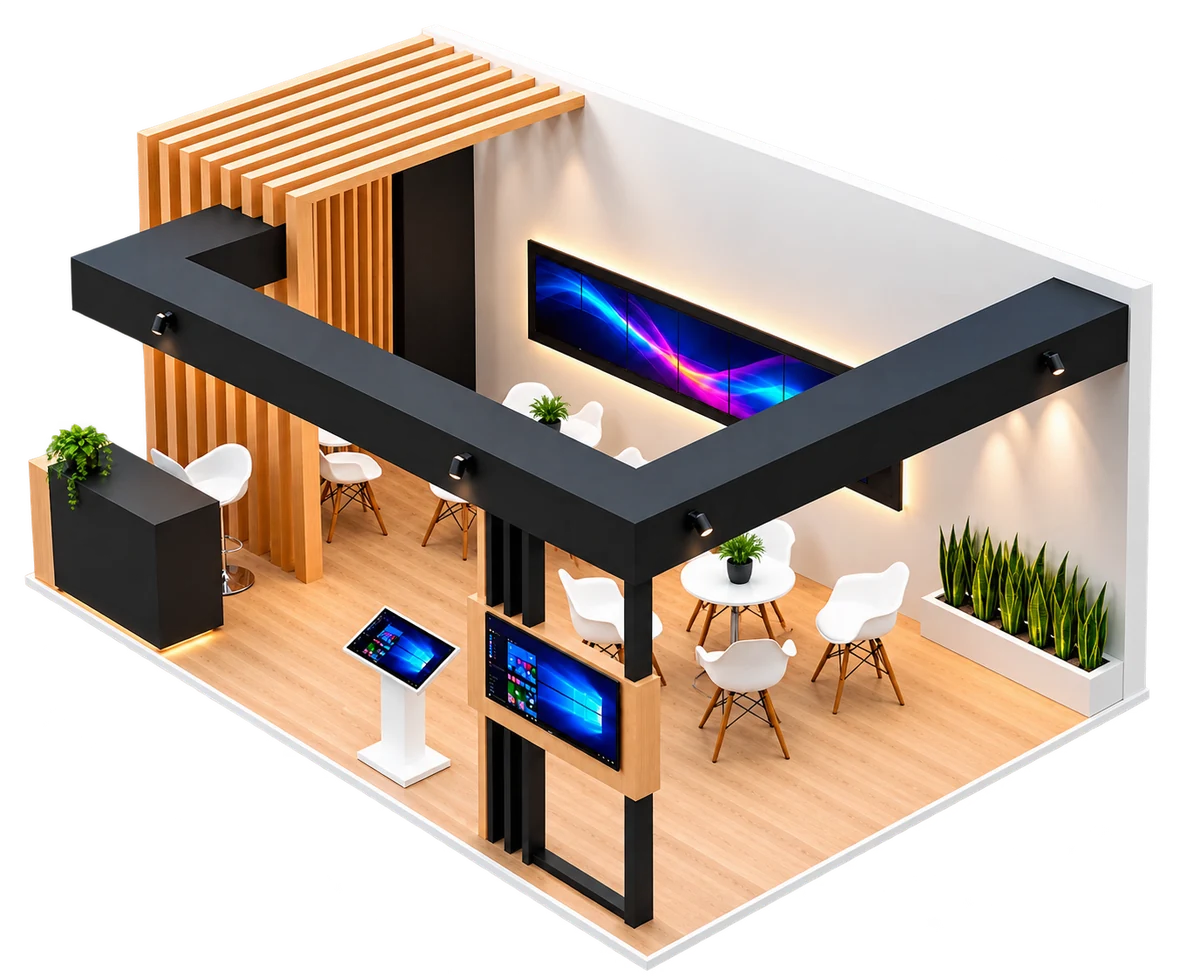 Estande construído pela C&C Eventos, com lounge, balcão e painel de vídeo