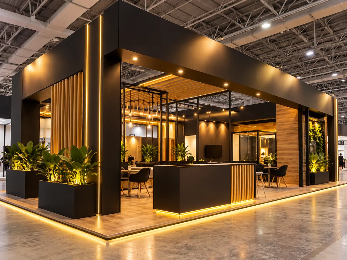 Estande construído pela C&C, com marcenaria, iluminação embutida e lounge