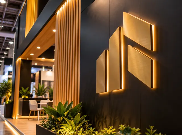 Comunicação visual aplicada: logotipo em relevo iluminado na parede do estande