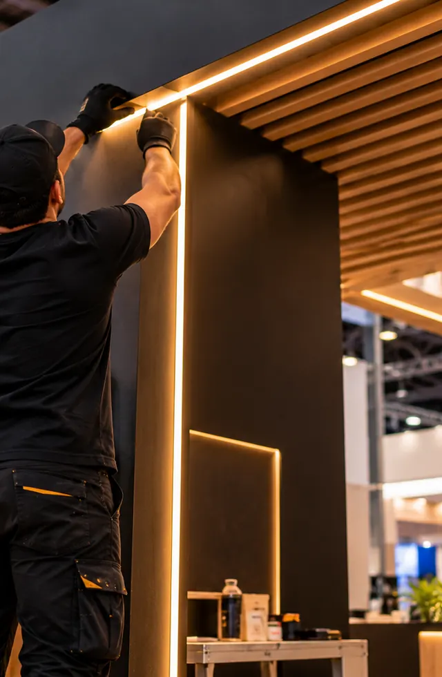 Instalação elétrica: montador aplicando fita de LED no acabamento